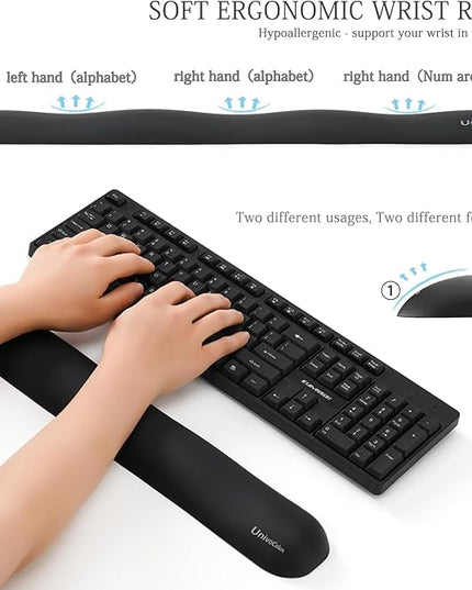 UnivoColors Design-Wave Keyboard Wrist Rest, Artificial Sheepskin+Memory Foam+Ergonomic+Anti-Slip Gel, Resilience Support During Work and Gaming,Keyboard Accessory,Black
