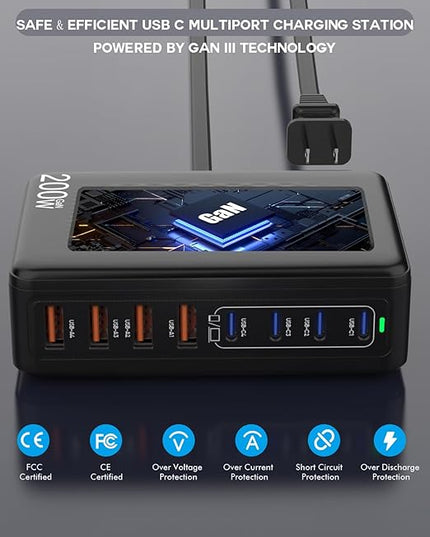 USB C Charger Block, 200W 8 Port USB C Charging Station, GaN Type C & A Charger Fast Charging Desktop Hub PD Block Laptop Adapter for Apple iPhone Air 17 16 15,iPad Pro/Air/Mini,MacBook Pro/Air,Galaxy