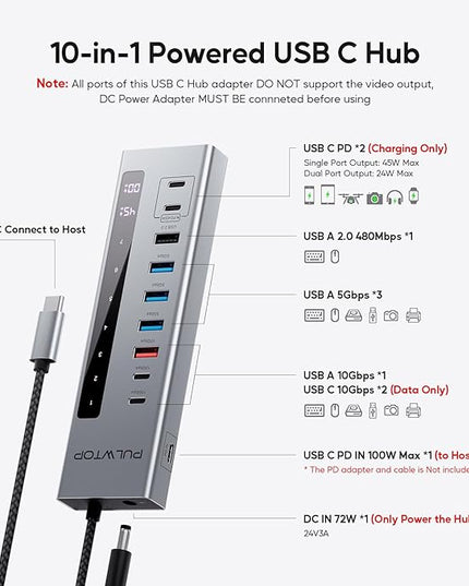Powered USB C Hub, 10-in-1 USB 3.2 Data Hub with 3 x USB A/C 10Gbps, 3 x USBA 5Gbps, USB A 2.0, 100W PD-in, 2 x 24/45W Type-C Charging Ports (72W Adapter Included)