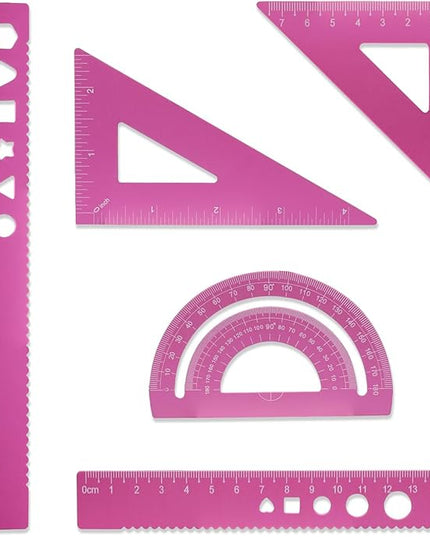 Zotemo 5 Pcs Metal Geometry Set, Math Drafting Ruler Kit- Aluminum Triangle Rulers, Protractor, 8 Inch and 6 Inch Drawing Ruler, Measuring Tool for School and Office Supplies (Light Pink)