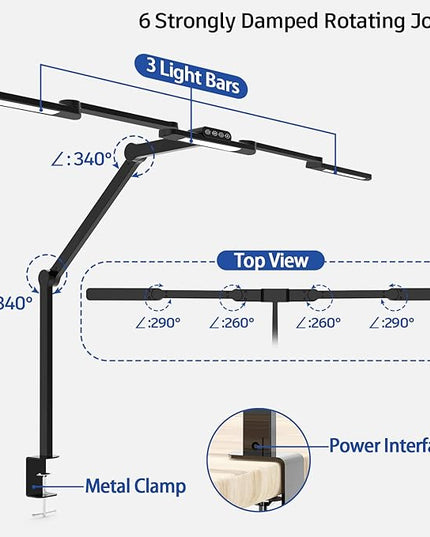 Transformable LED Desk Lamp, 41.5" Large Architect Desk Lamp with Clamp, 3 Light Bars Desk Light for Home Office, 24W Auto Dimming Office Lighting Table Light for L Shaped Desk