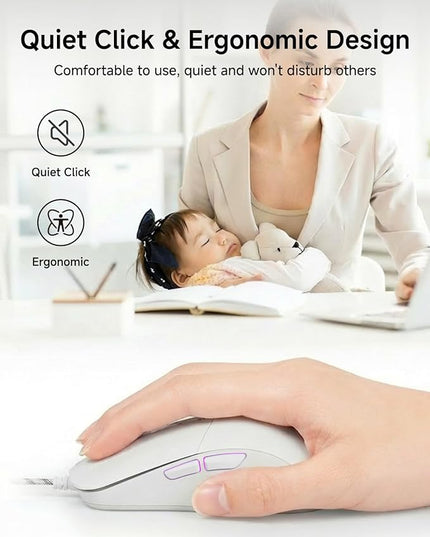 EWEADN G309 Wired Mouse, 7-Button Ergonomic Computer Corded Mouse with 2400 DPI, 4 Adjustment Levels DPI, Optical Office USB Mice with 5FT Cord for Laptop, PC, Desktop, MacBook-White