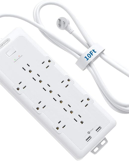 4000 Joules Surge Protector Power Strip, 12 Widely Spaced AC Outlets, Overload Protection, (1875W/15A) Heavy Duty Extension Cord 10 ft, Wall Mount, ETL Listed, Ideal for Home, Dorm Essentials, White