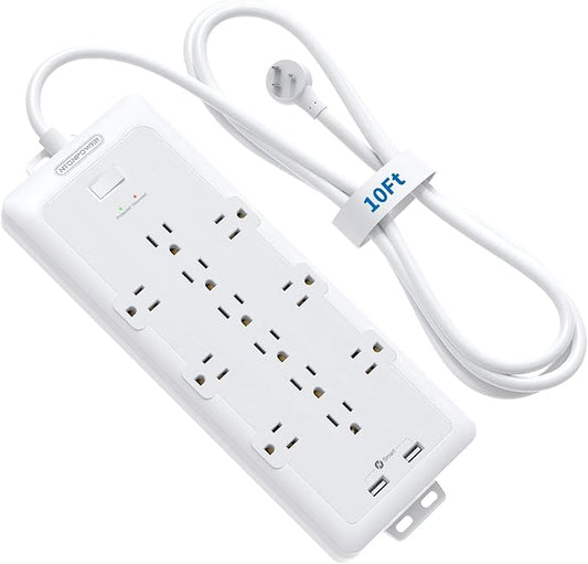 4000 Joules Surge Protector Power Strip, 12 Widely Spaced AC Outlets, Overload Protection, (1875W/15A) Heavy Duty Extension Cord 10 ft, Wall Mount, ETL Listed, Ideal for Home, Dorm Essentials, White