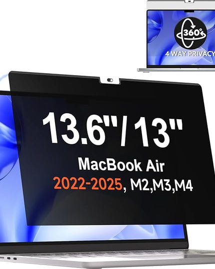 Magnetic 360° Privacy Screen for MacBook Air 13.6 & 13 Inch 2022-2025 (M2, M3, M4), Removable Anti Glare Blue Light Filter, 4 Way Anti Spy Black Protector for Mac Air 13In Laptop Computer