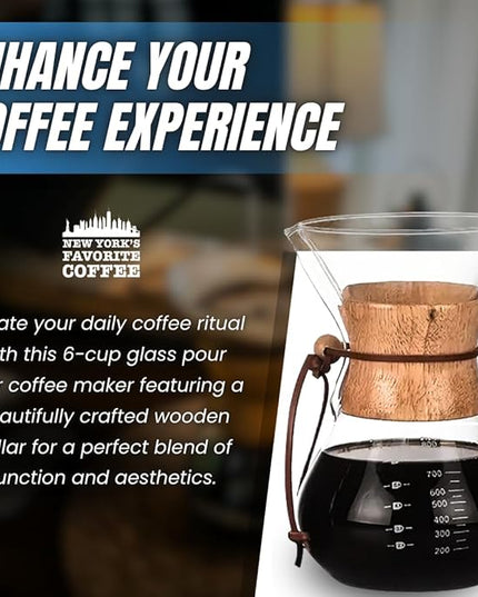 New York's Favorite Coffee - 6 Cup Pour Over Coffee Maker,Borosilicate Glass Carafe with Wooden Collar,Drip Coffee Brewer for Home & Office,Dishwasher Safe