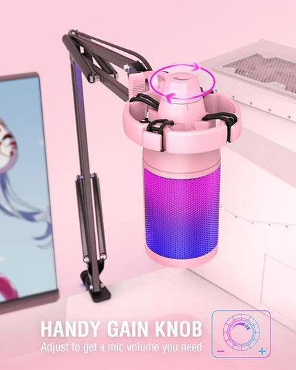FIFINE Gaming USB Microphone Kit, PC Streaming Recording Computer RGB Microphone Set for Podcasting, Singing, YouTube, Condenser Cardioid Mic with Quick Mute, Gain Knob-A6T Pink