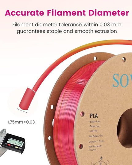 Sovol PLA Filament Silk Tri Color Co-Extrusion 1.75mm, 3D Printer Filament 1kg/ 2.2lbs, Shiny Silk Rose Blue Yellow 3 in 1 Coextrusion PLA Material +/-0.03mm