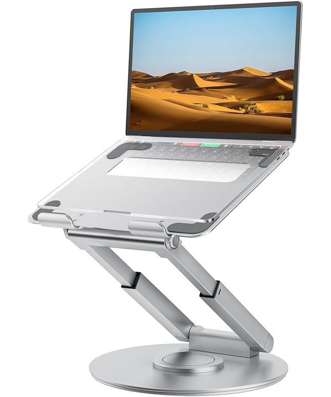 tounee Telescopic Laptop Stand for Desk with 360° Swivel Base, Sit to Stand, Height Adjustable, Portable Riser Holder for Good Posture, Compatible with All Laptops 10-17"-Silver