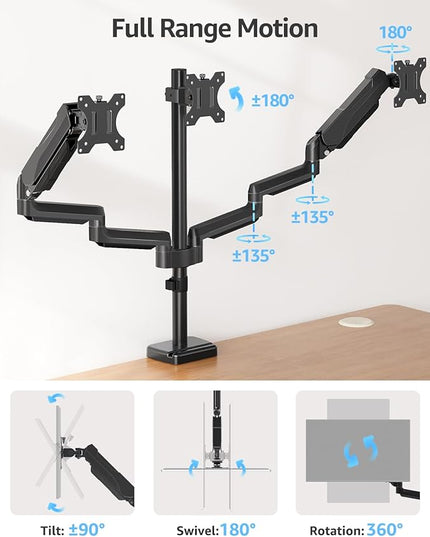 MOUNTUP Triple Monitor Stand Mount - 3 Monitors Desk Mount for Computer Screens Up to 27 inch, Triple Monitor Arm, Heavy Duty Monitors Stand, Each Arm Holds 4.4-19.8 lbs, Black