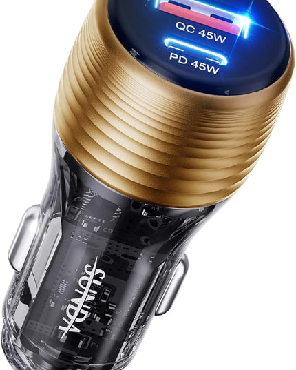 SUNDA 90W USB C Fast Car Charger, 2-Port Car Adapter, PD45W/QC45W QC 3.0 Phone Charger for iPhone 17/16 Pro/Max/iPhone 15/Laptop/Galaxy/Samsung S25/S24 (Gold)