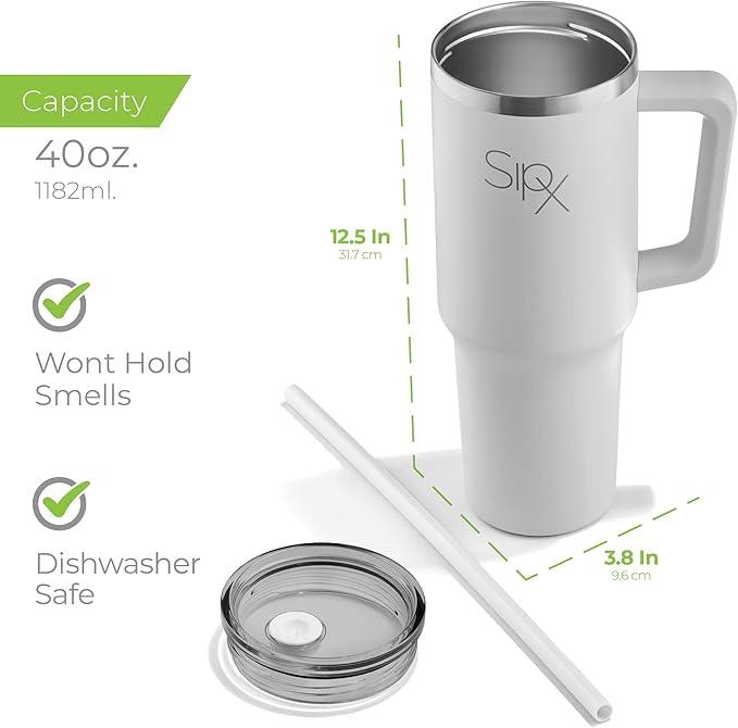 SIPX™ 40 oz Insulated Tumbler with Handle & Straw – Vacuum Insulated Stainless Steel, Leakproof, Cupholder Friendly – Perfect for Iced Coffee, Water & Travel – White