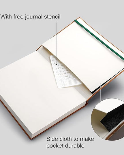 AHGXG Bullet Dotted Journal - Large A4 Notebook Dotted, 8.5''×11'', 320 Pages Dot Grid Notebook, 100gsm Thick Paper, Leather Softcover, with Journal Stencils, Inner Pocket - Green