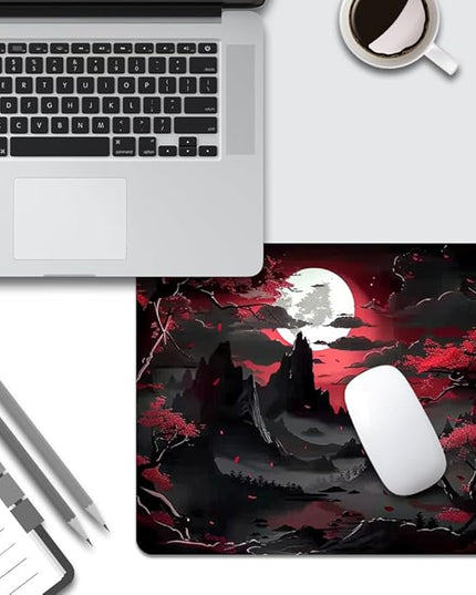 Red Trees, Mountains, and Moon Square Mouse pad, Texture, Waterproof, Anti Slip Rubber Base, Computer Mouse pad, Laptop Mouse pad