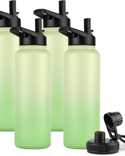 DOMICARE 40 oz Insulated Water Bottle Bulk, Vacuum Insulated Stainless Steel Sports Water Bottle with Straw Lid & Spout Lid, Leakproof, Reusable - Travel, Camping, Bike, Green Gradient (4 Pack)