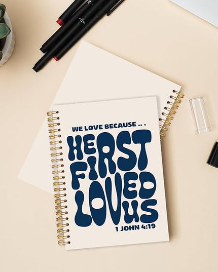 Navy Blue Christian Spiral Journal Notebook 5.5x8.3in, Bible Verse Journal for Woman, We Love Because He First Loved Us 1 John 4:19 Scripture Notebooks for Note Taking, Hardcover Notebook