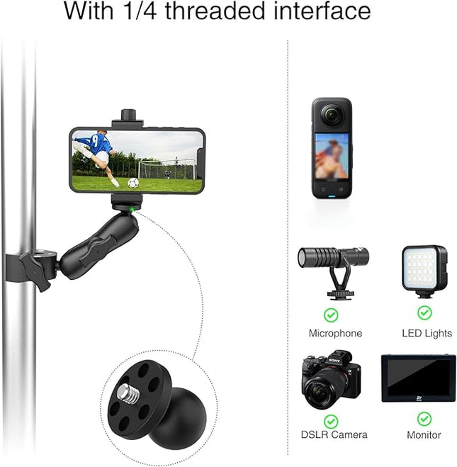 Taisioner Super Camera Clamp Mount 3.6" Socket Arm 360°Ball Head Magic Arm 1/4" Thread for Canon Nikon/Digital Camera/DSLR/Gopro/Insta360/LED Light(Gopro Adapter,Phone Holder)