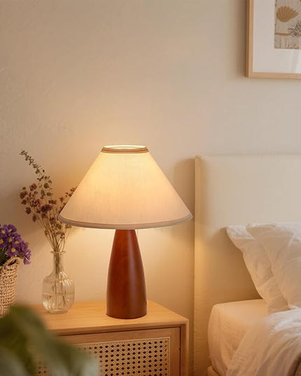 Bedside Table Lamp for Bedroom, Mid-Century Modern Plug in Fabric Shade & Solid Wood Base Desk Lamp, Plug & Play Red Wood Nightstand Lamp for Living Room, Office 【Bulb Included】