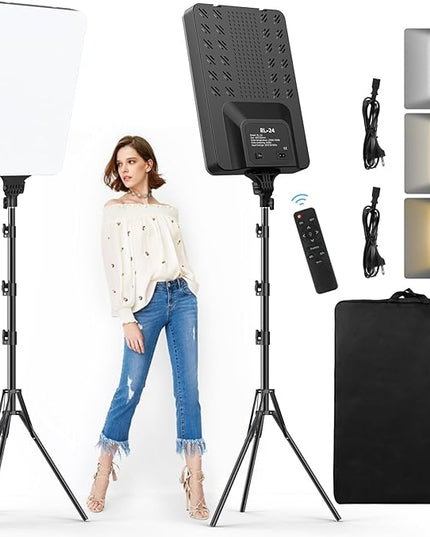 2-Pack 24'' LED Video Light Kit, Heorryn 2800-7500K Dimmable Photography Lighting with Remote and 75inches Stand, CRI 96+ Studio Lights for TikTok, YouTube, Game Streaming, Video Photography