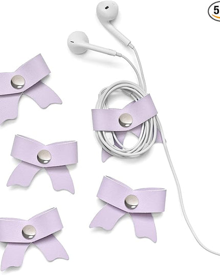 SenseAGE 5 Pack Cord Organizer, Bow Cord Keeper, Cable Organizer USB Holder, Leather Cable Management, Cable Straps, Earphone Winder, Storage Straps for Electronics, Earbuds, Small, Purple