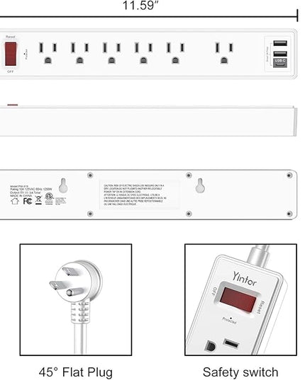 10 Ft Power Strip Surge Protector - Yintar Extension Cord with 6 AC Outlets and 3 USB Ports for Home, Office, Dorm Essentials, 1680 Joules, ETL Listed, White