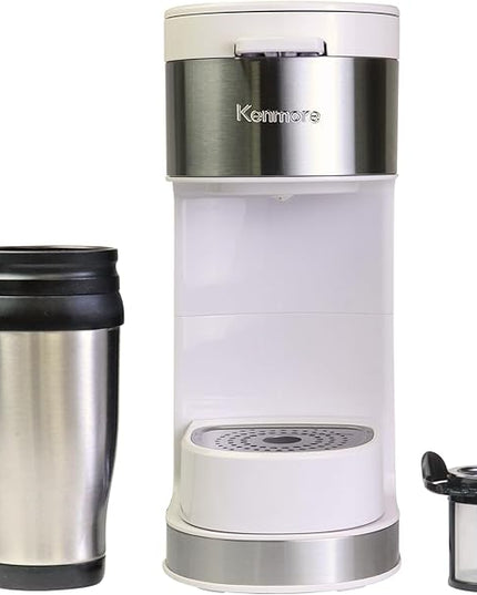 Kenmore Single Serve Coffee Maker – 6–14 Oz Brew Sizes, Compatible with Keurig K‑Cup Pods & Ground Coffee, One Cup Brewer, Travel Mug Friendly, Auto Shut‑Off, Hot & Iced maquina de cafe, White
