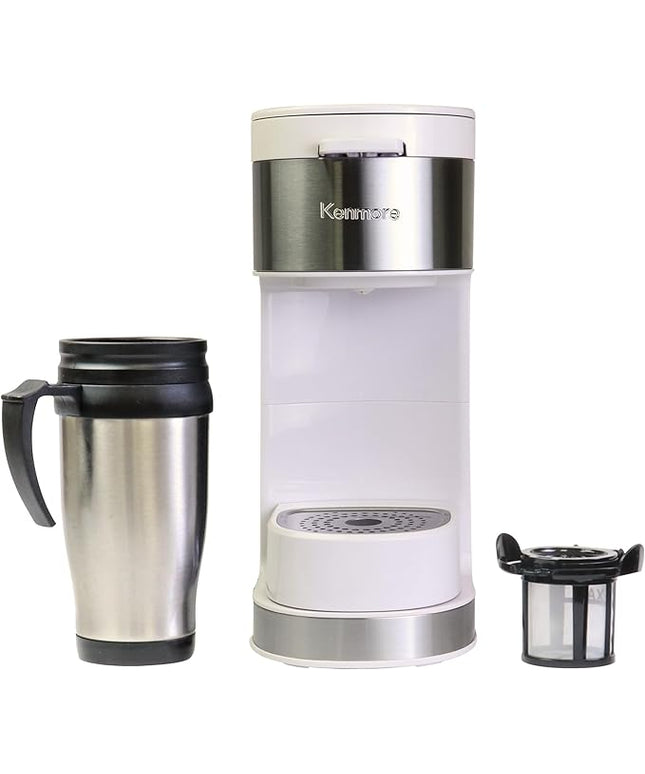 Kenmore Single Serve Coffee Maker – 6–14 Oz Brew Sizes, Compatible with Keurig K‑Cup Pods & Ground Coffee, One Cup Brewer, Travel Mug Friendly, Auto Shut‑Off, Hot & Iced maquina de cafe, White
