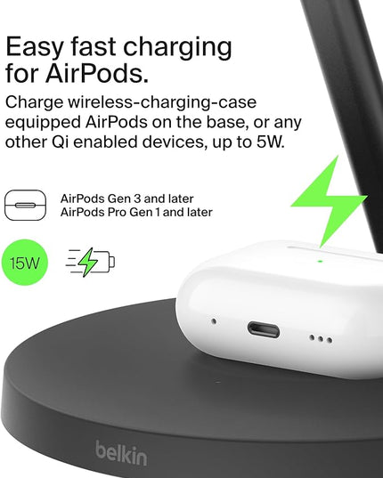 Belkin MagSafe-Compatible Charger, 3-in-1 Wireless Charging Station, Qi2-Certified 15W Wireless Charge for Apple iPhone 17 Series, Apple Watch, AirPods w/Non-Slip Base, 40W Included - Black