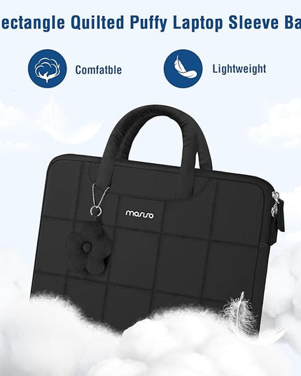 MOSISO Laptop Case 13.3 inch, 13-14 inch Puffy Laptop Sleeve Compatible with MacBook Air 13 13.6/Pro 13/Pro 14,HP Acer Dell ASUS Lenovo, Rectangle Quilted Computer Bag with Handle&Flower Pendant,Black