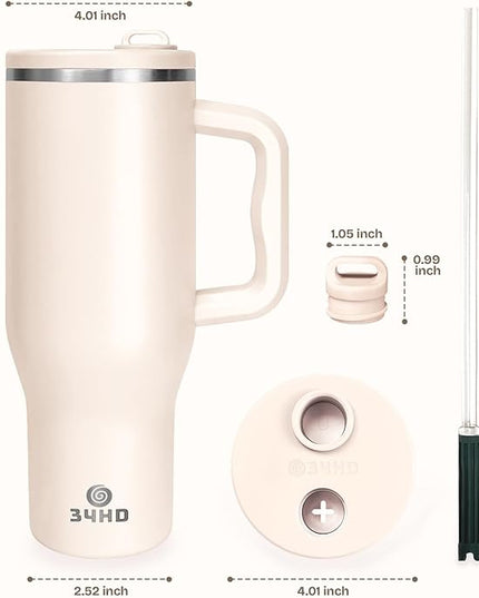 34HD 40 oz Stainless Steel Tumbler - Leakproof Insulated Water Bottle with Handle, Magnetic Lid and Flexible Straw - Iced for 48 Hours – Perfect for Men, Women, Birthday Gift, White - Vanilla Cloud