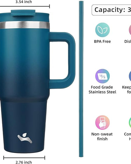 30 oz Tumbler with Handle and 2 Straws,2 in 1 Lid Insulated Water Bottle Stainless Steel Travel Coffee Mug,Indigo Black