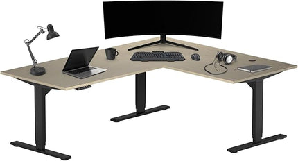 Progressive Desk Height Adjustable Computer Standing Desk - L Shaped 70" x 55" Corner Electric Stand Up Rising Workstation - Black Frame, Bright Beech Top