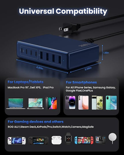 200W USB C Charger Block,GaN IV Charging Station 8 Ports,QC4.0 Fast Charging Station Hub+PD 65W USB C Laptop Charger Adapter Compatible with MacBook Air/Pro,DELL,iPhone 17/16,iPad,Steam Deck-Deep Blue