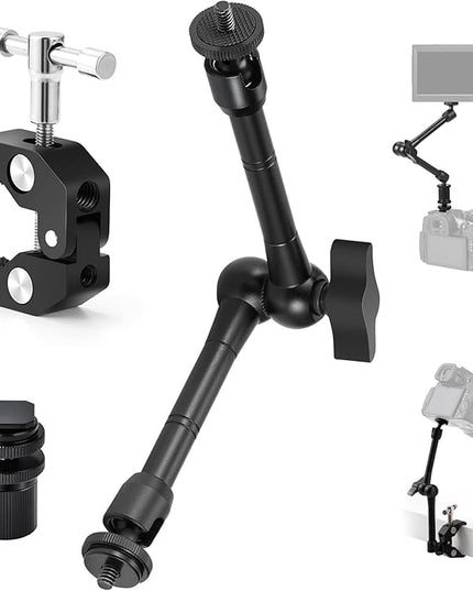 TARION Magic Arm with Super Clamp - 11in/28cm Adjustable Articulating Friction Camera Mount & Clamp with 1/4"" and 3/8"" Thread for LCD Monitor LED Light Flash Light Phone Action Cam, Black