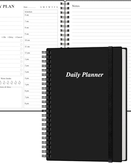 Daily Planner Undated - A5 To Do List Notebook Hourly Schedules, Spiral Appointment Planner for Women and Men, PVC Hardcover, Inner Pocket, Elastic Closure, 5.8" x 8.3", Black