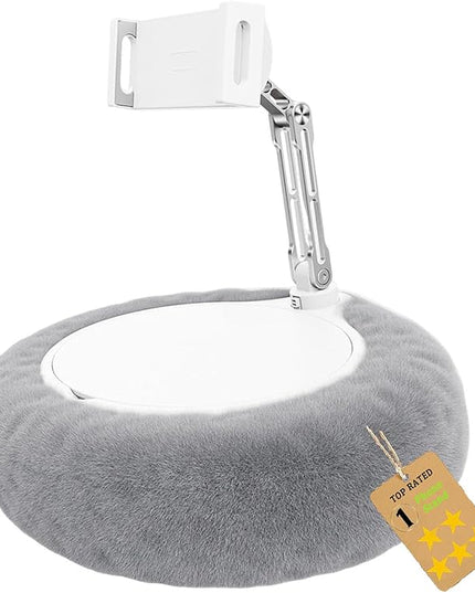 Fuzzy Pillow Phone Holder with Snack Bowl, Adjustable 360° Rotating Magnetic Stand for Phone/Tablet/Kindle iPad, Soft Plush Fabric, Detachable Snack Bowl for Reading for Bed (Gray)