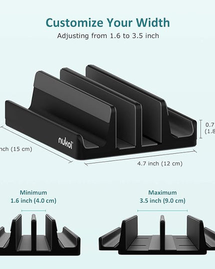 Vertical Laptop Stand - SPACEMax Adjustable GRIPLock Anti-Tip Silicone 4 Slots Aluminum Desktop Holder - Double Dock Stand - 2 Phone Slots Fits Up to 17.3” Laptops, Tablets, Phones - Black
