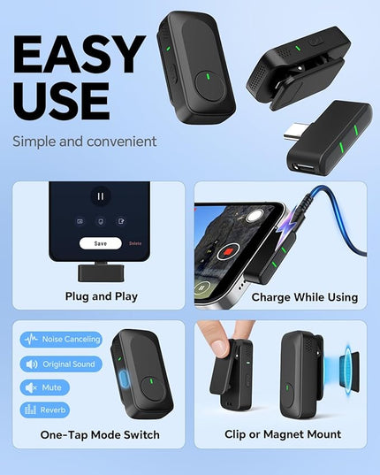 Wireless Lavalier Microphone for iPhone/Android Phone/Laptop/PC, Mini Lapel Mic with 50H Battery Life Charging Case, 100FT Range and Noise Reduction, for Video Recording, Streaming, TikTok