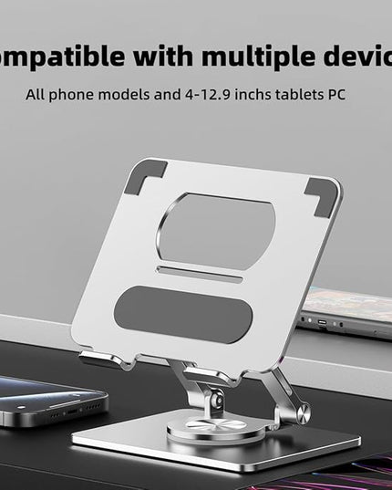 iPad Holder Stand, Tablet Holder with Thickened 360° Rotating Base Dual Rod Adjustable Aluminum Stand for All 4-12.9’’ iPad Surface Samsung Phone Tablet Kindle E-Reader and More, Silver