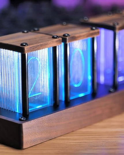 Adventurers Nixie Tube Clock , Digital Tube Desk Clock, Retro Modern Wooden Clock, LED Digital Clock, Full Color Custom RGB and 12/24h Display, The to Decorate The Room (4 Numbers)