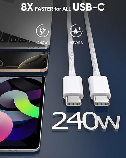 USB C to USB C,240W USB-C Woven Charge Cable,6.6ft 2Pack USB C Cable Fast Charging Cord for Apple MacBook Pro/MacBook Air,iPad Pro/Air,iPad mini,iPhone 16 15 Pro Max Plus Compatible 140W/100W/60W/45W