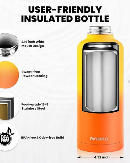 Insulated Water Bottle 87 oz, Triple Wall Vacuum Stainless Steel (Cold for 48 Hrs), Leak Proof & Non-BPA, Modern Water Flask Jug with Paracord Handle & Straw Spout Lids, Ombre Orange