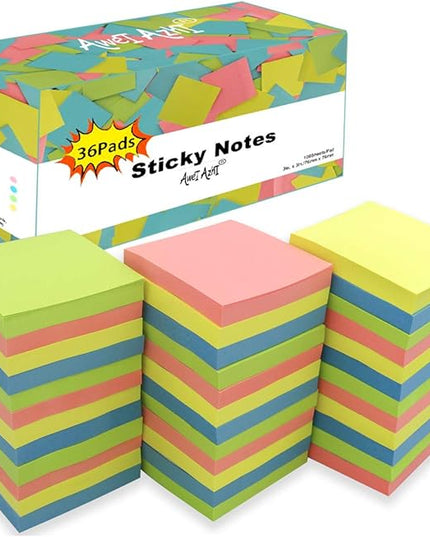 Sticky Notes 3x3, Self-Stick Notes, 36 Pads, 100 Sheets/Pad, Assorted Colors Stickies, Easy to Post Notes for Study, Works, Daily Life (36)