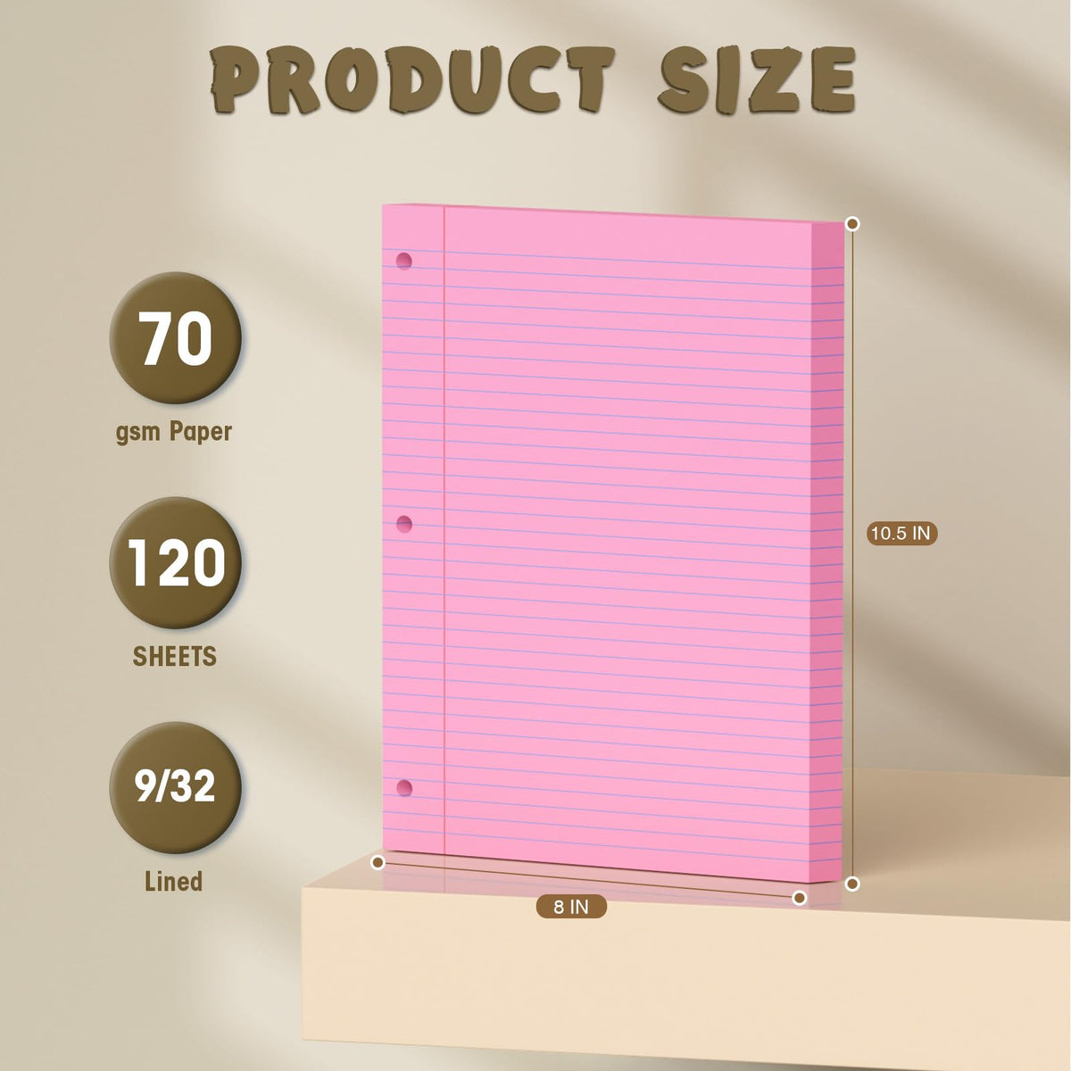 120 Sheets Pink 8x10.5 Inch Loose Leaf Paper, College Ruled Filler Paper, 3 Hole Punched Notebook Paper for 3 Ring Binder, Premium Notebooks Paper for Students & Teachers, Office & School Supplies
