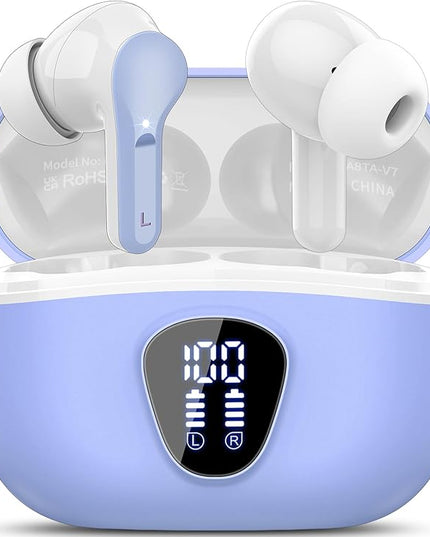 Wireless Earbuds, Bluetooth 5.4 Headphones HiFi Stereo, Bluetooth Earbuds with ENC Noise Cancelling Mic,IP7 Waterproof in Ear Earphones, 48H, LED Display Ear buds for Pad Phones Workout, White Purple