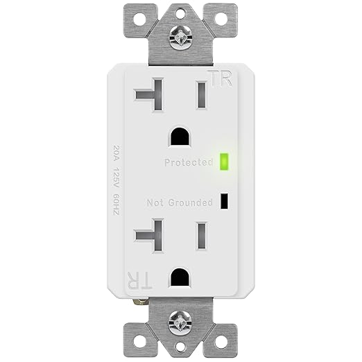 TOPGREENER Decorator Receptacle Outlet w/Surge Protector and Grounding Indicator, Child Safe, Tamper-Resistant, Self-Grounding, 900 Joules, 2-Pole, 20A 125V, UL Listed, TGTRSS220R, White