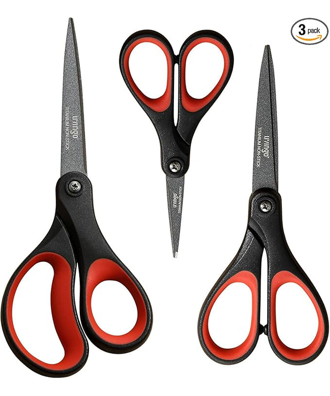 LIVINGO 3 Pack Titanium Scissors All Purpose - Non Stick Stainless Steel Sharp Scissors Set Heavy Duty for Office School Sewing Crafting Cutting Fabric Paper, Comfortable Grip, 5”, 7” & 8”