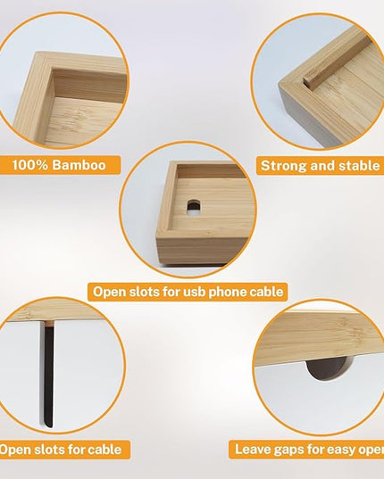 Bamboo Cable Management Box, Large Cord Organizer Box Cable Box to Hide Wires & Power Strips for Desktop Storage Cord Holder for Office Home,No Assembley Required