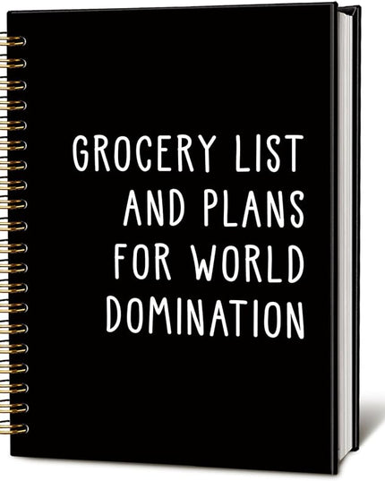 LIANGW Grocery List and Plans for World Domination Funny Notebooks Journal, Funny Gag Office Gifts for Coworkers, Office Notebooks, Funny Office Supplies, Black Hardcover Spiral Notebook 5.5x8.3 Inch