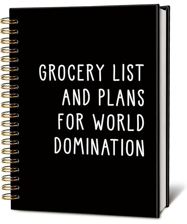LIANGW Grocery List and Plans for World Domination Funny Notebooks Journal, Funny Gag Office Gifts for Coworkers, Office Notebooks, Funny Office Supplies, Black Hardcover Spiral Notebook 5.5x8.3 Inch